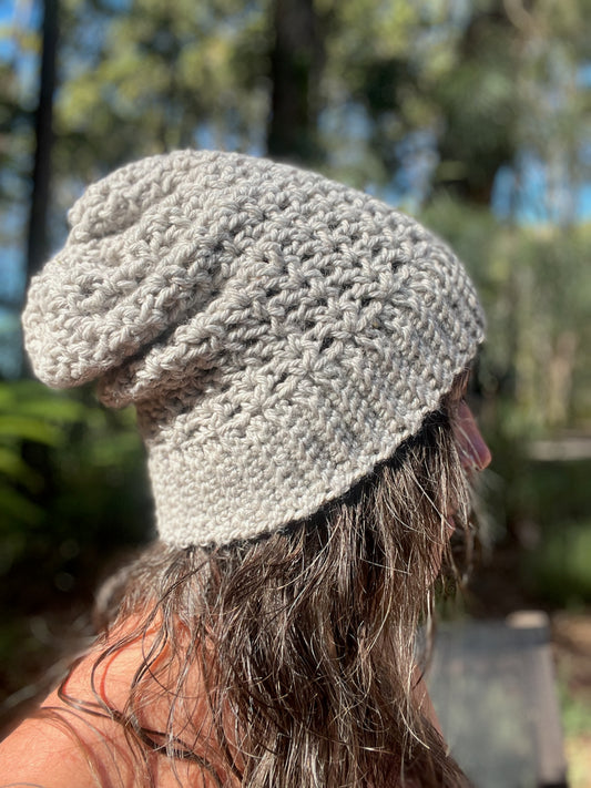 Ethnic Soul Collective ash grey long slouchy or foldable beanie hand crocheted 50cm circumference 27cm height 52 percent merino
