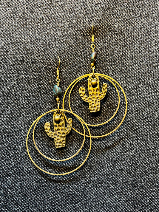 Ethnic Soul Collective brass and bronze cactus earrings with bell and Chrysocolla 9cm long handcrafted earthy elegance