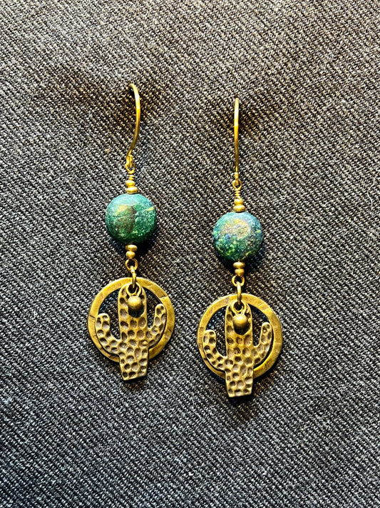 Ethnic Soul Collective brass and bronze cactus earrings with Chrysocolla 9cm long hooks designed for slightly stretched ear holes handcrafted earthy elegance