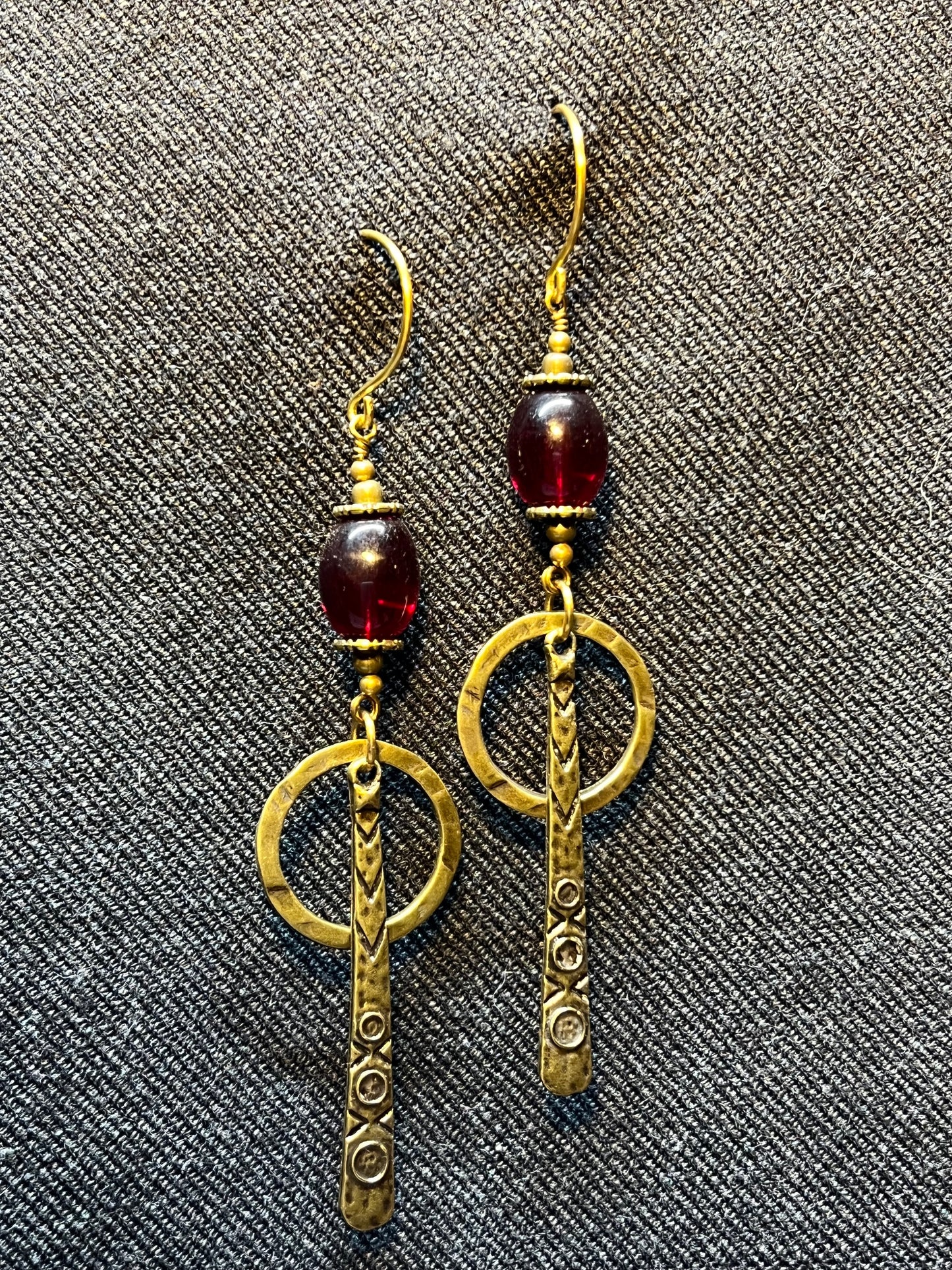 Ethnic Soul Collective brass and bronze rustic charm earrings with ruby red Czech beads 12cm long hooks designed for slightly stretched ear holes handcrafted bold sophistication