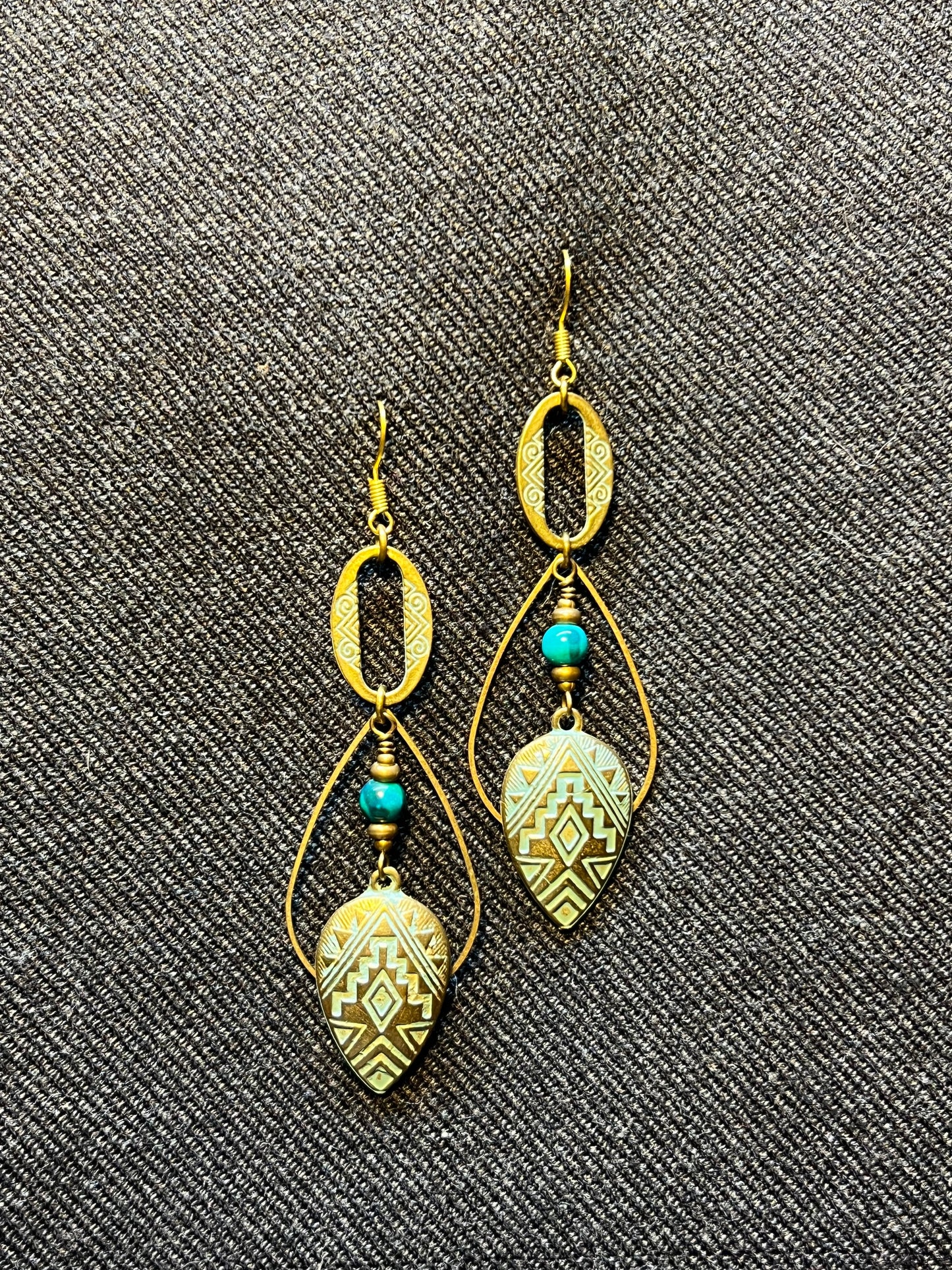 Ethnic Soul Collective brass patina-finish Aztec charm earrings with Chrysocolla 9cm long handcrafted unique vibrant design