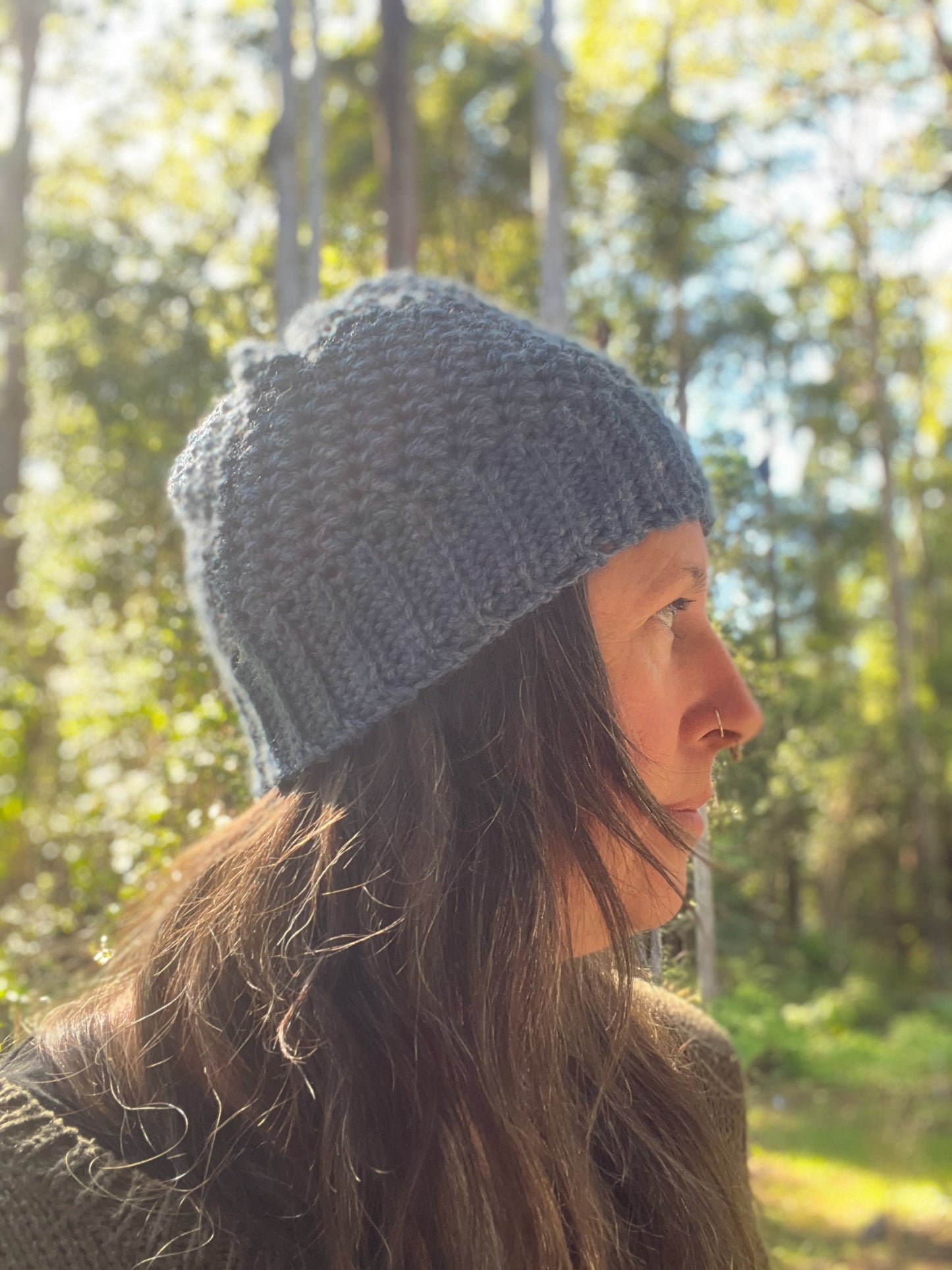 Ethnic Soul Collective hand crocheted fitted blue beanie 100 percent natural fibre 40cm circumference 21cm length