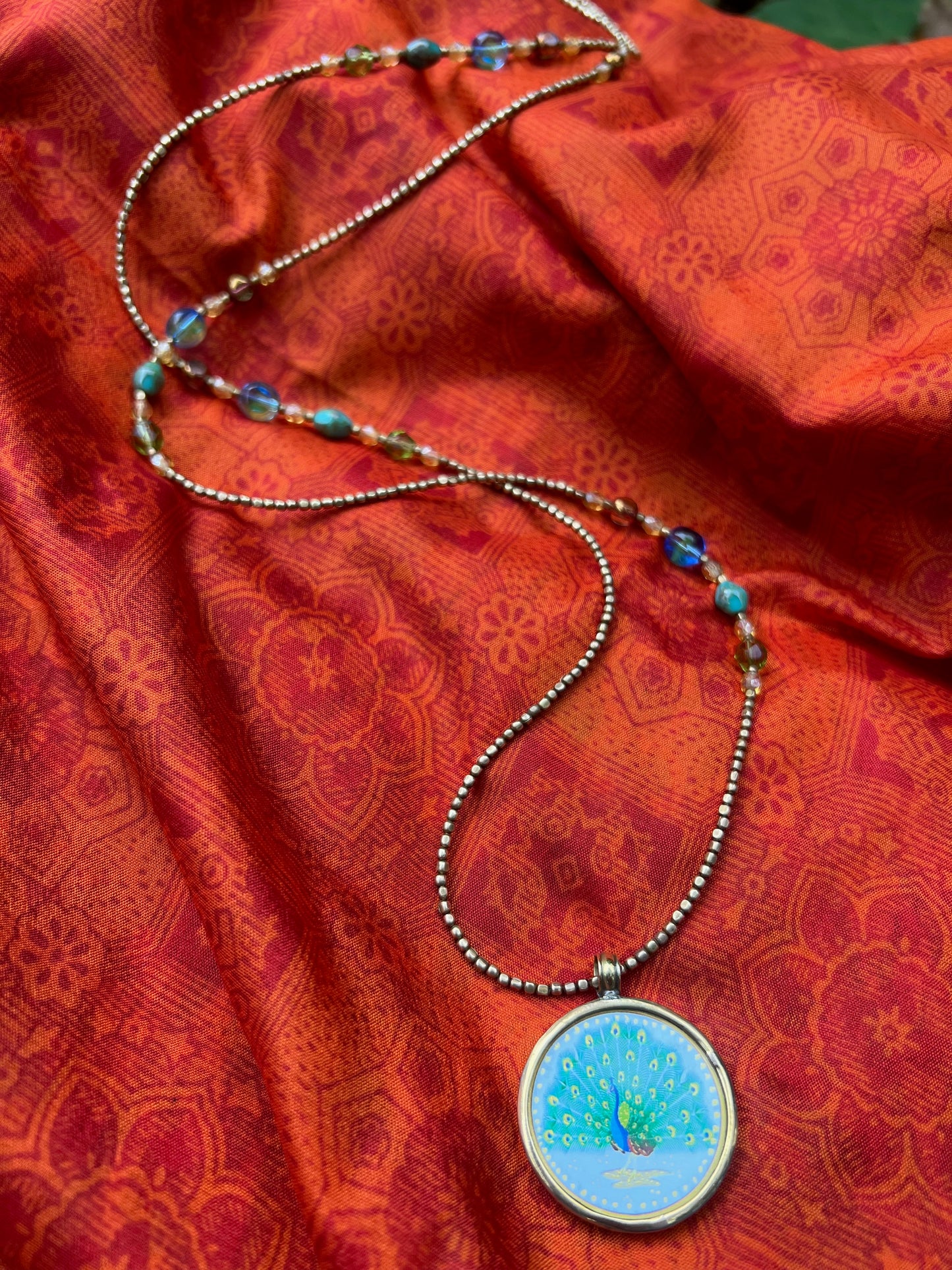 Ethnic Soul Collective hand painted Peacock necklace brass and glass frame hand beaded with Czech glass and brass beads 50cm length