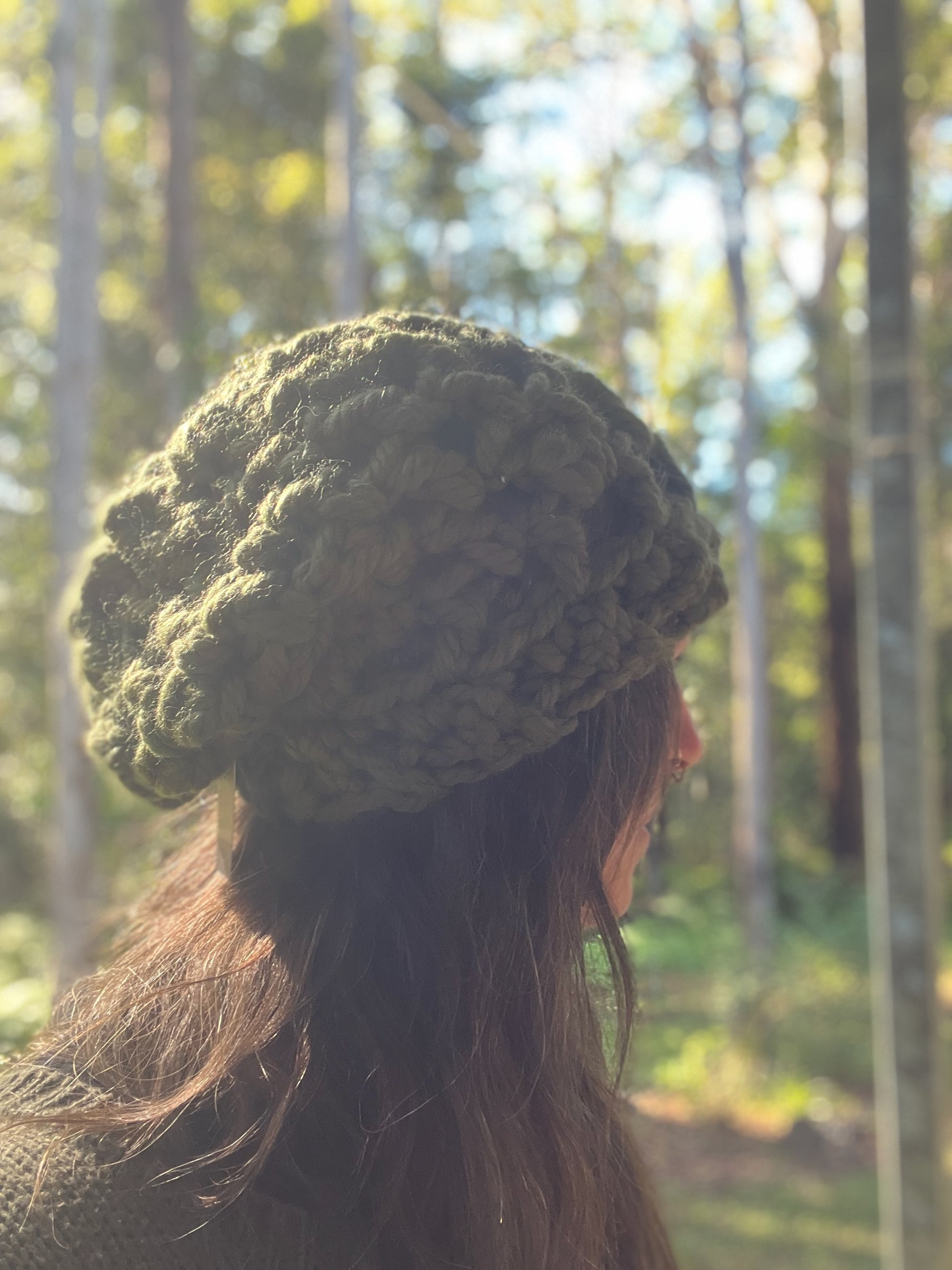 Ethnic Soul Collective chunky khaki slouchy beanie hand crocheted loose weave 80 percent natural fibre 44cm circumference 30cm length
