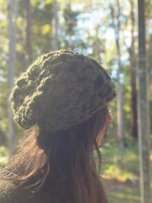 Ethnic Soul Collective chunky khaki slouchy beanie hand crocheted loose weave 80 percent natural fibre 44cm circumference 30cm length