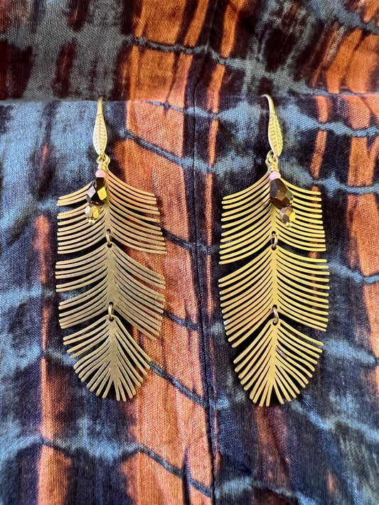Three-Part Brass Leaf Earrings with Czech Glass Beads