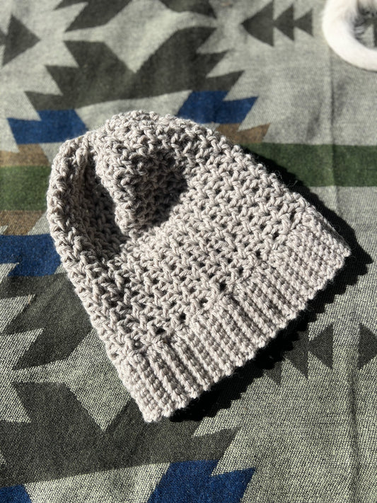 Ethnic Soul Collective ash grey long slouchy or foldable beanie hand crocheted 50cm circumference 27cm height 52 percent merino