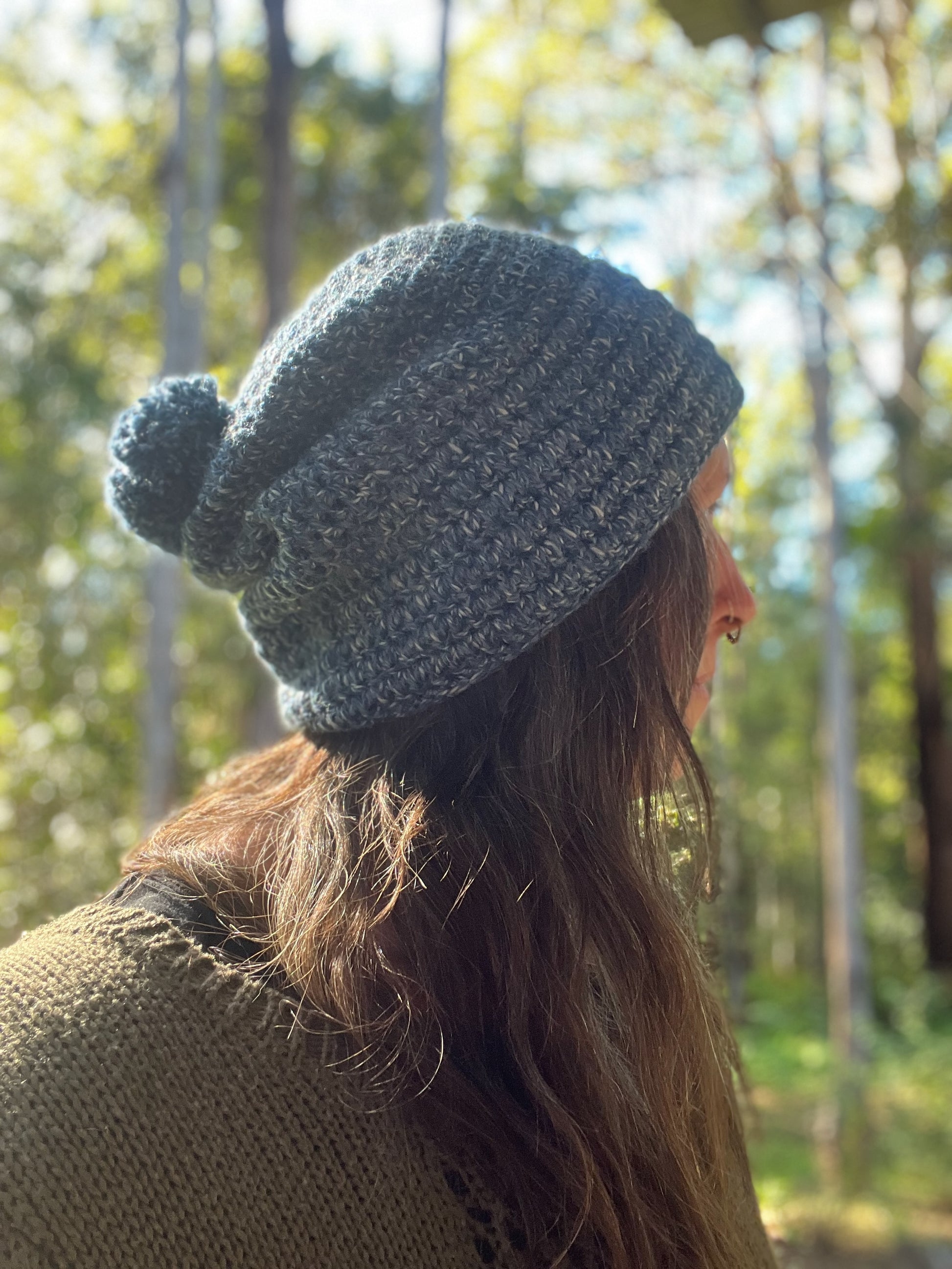 Ethnic Soul Collective hand crocheted blue slouchy beanie 80 percent natural fibre with pompom 62cm circumference 26cm length