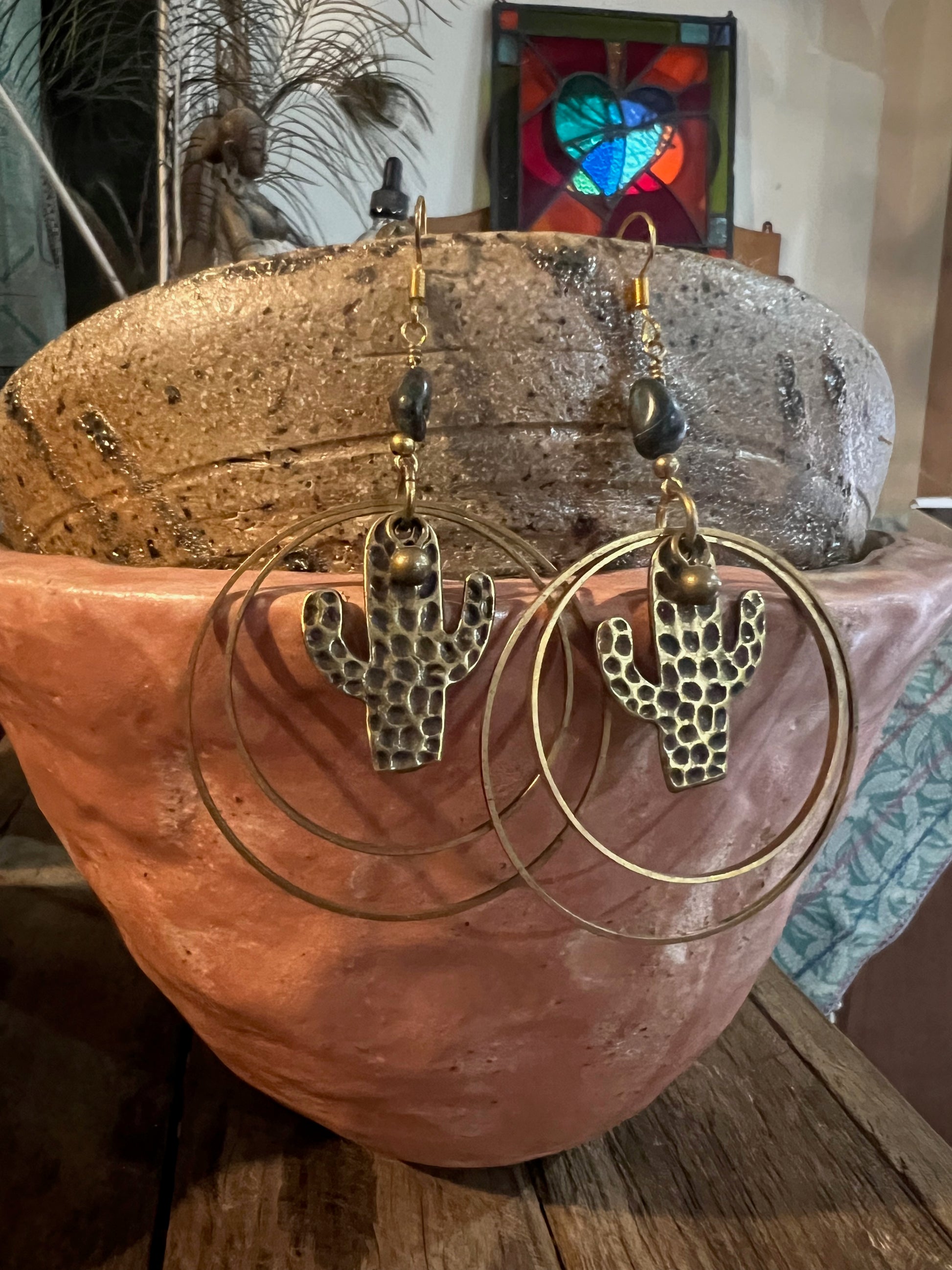 Ethnic Soul Collective brass and bronze cactus earrings with bell and Chrysocolla 9cm long handcrafted earthy elegance