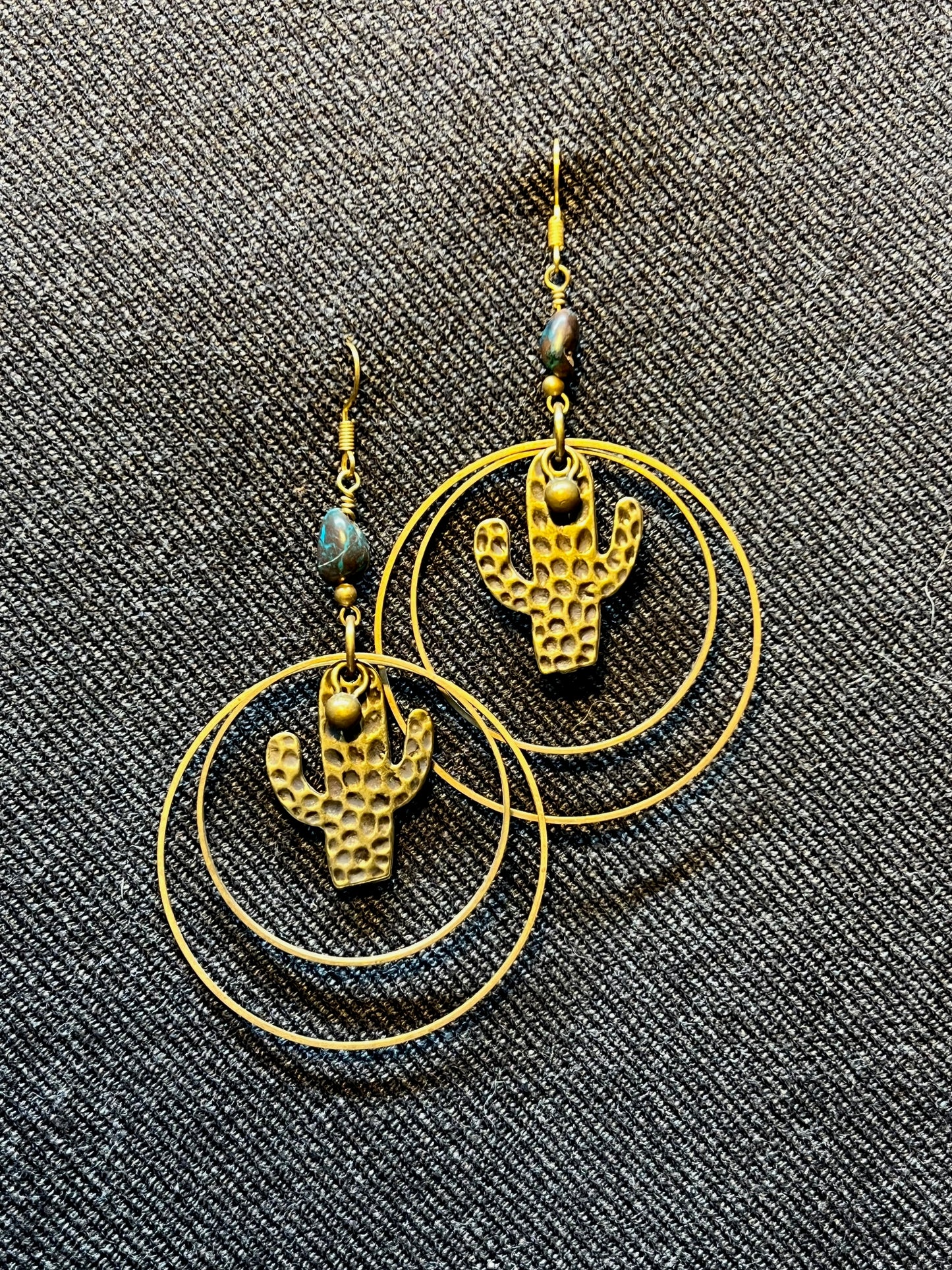 Ethnic Soul Collective brass and bronze cactus earrings with bell and Chrysocolla 9cm long handcrafted earthy elegance