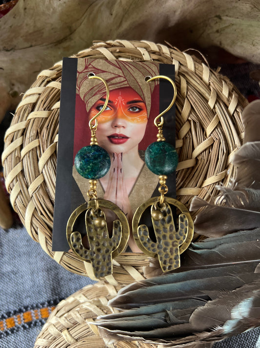 Ethnic Soul Collective brass and bronze cactus earrings with Chrysocolla 9cm long hooks designed for slightly stretched ear holes handcrafted earthy elegance