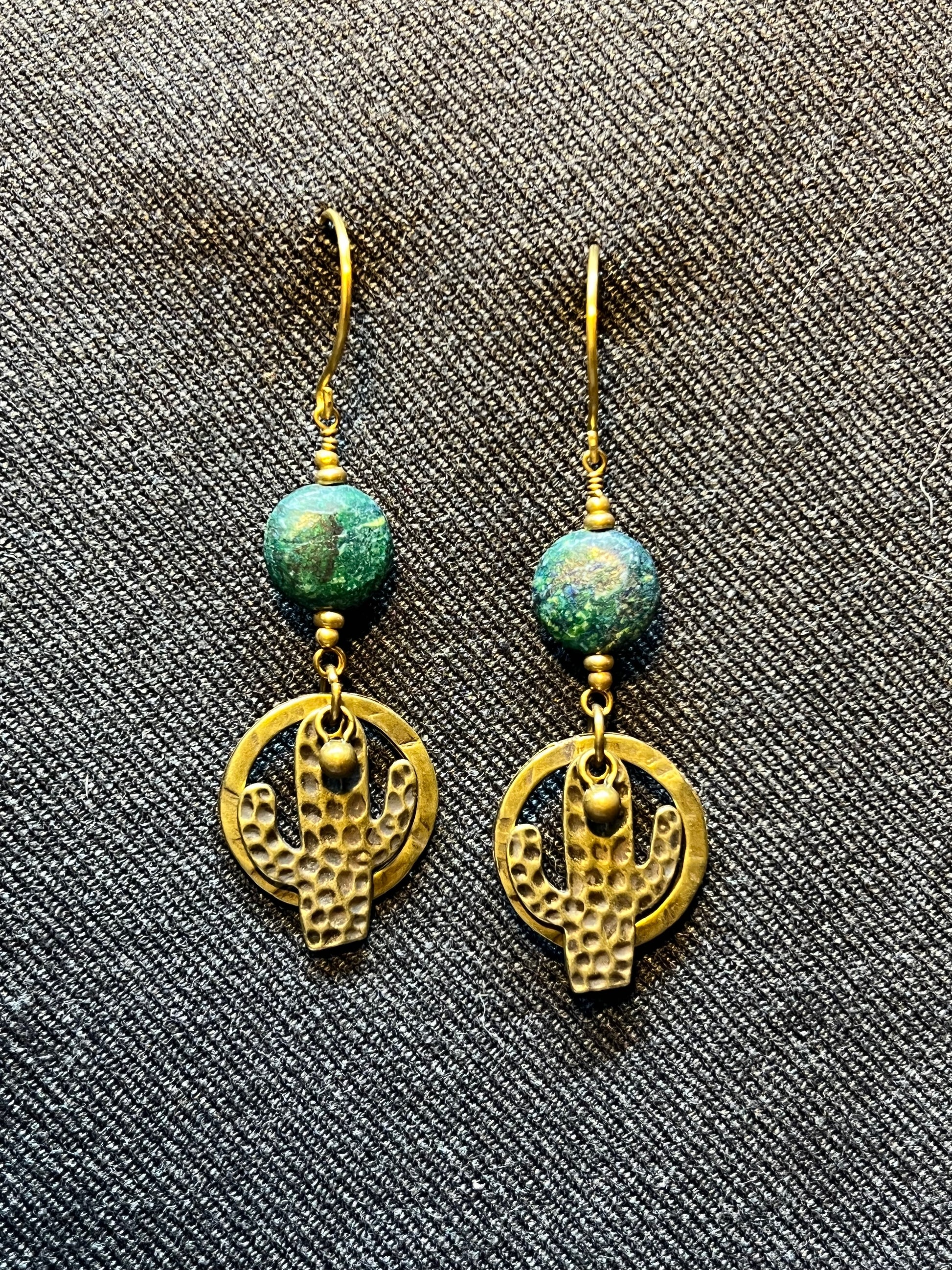 Ethnic Soul Collective brass and bronze cactus earrings with Chrysocolla 9cm long hooks designed for slightly stretched ear holes handcrafted earthy elegance