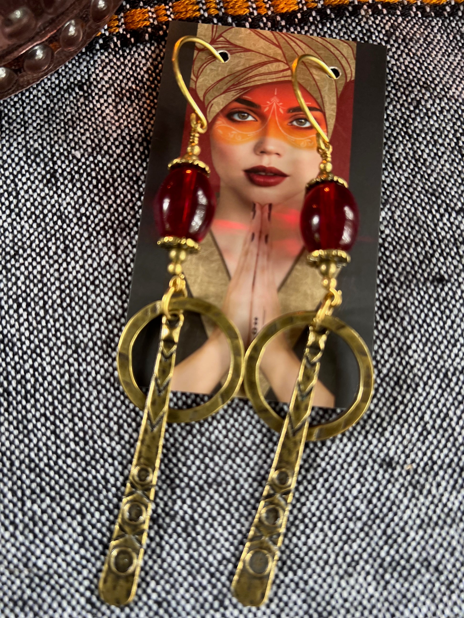 Ethnic Soul Collective brass and bronze rustic charm earrings with ruby red Czech beads 12cm long hooks designed for slightly stretched ear holes handcrafted bold sophistication