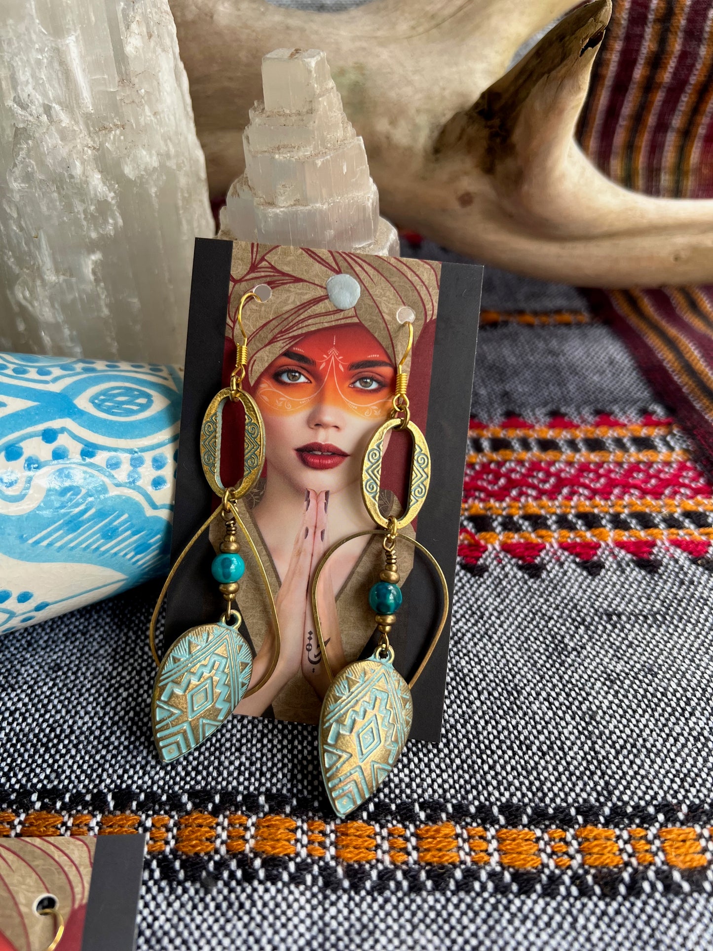 Ethnic Soul Collective brass patina-finish Aztec charm earrings with Chrysocolla 9cm long handcrafted unique vibrant design