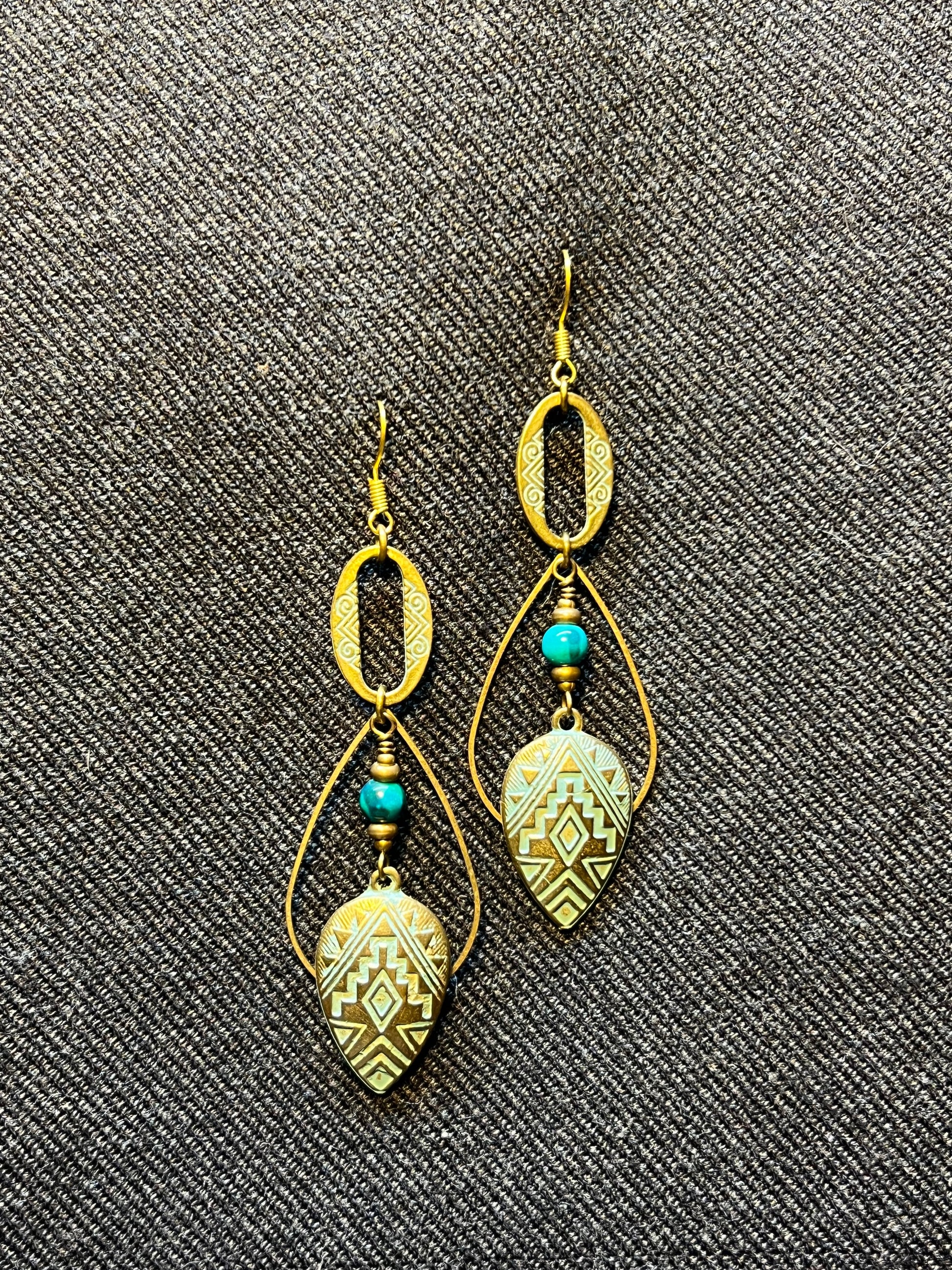 Ethnic Soul Collective brass patina-finish Aztec charm earrings with Chrysocolla 9cm long handcrafted unique vibrant design