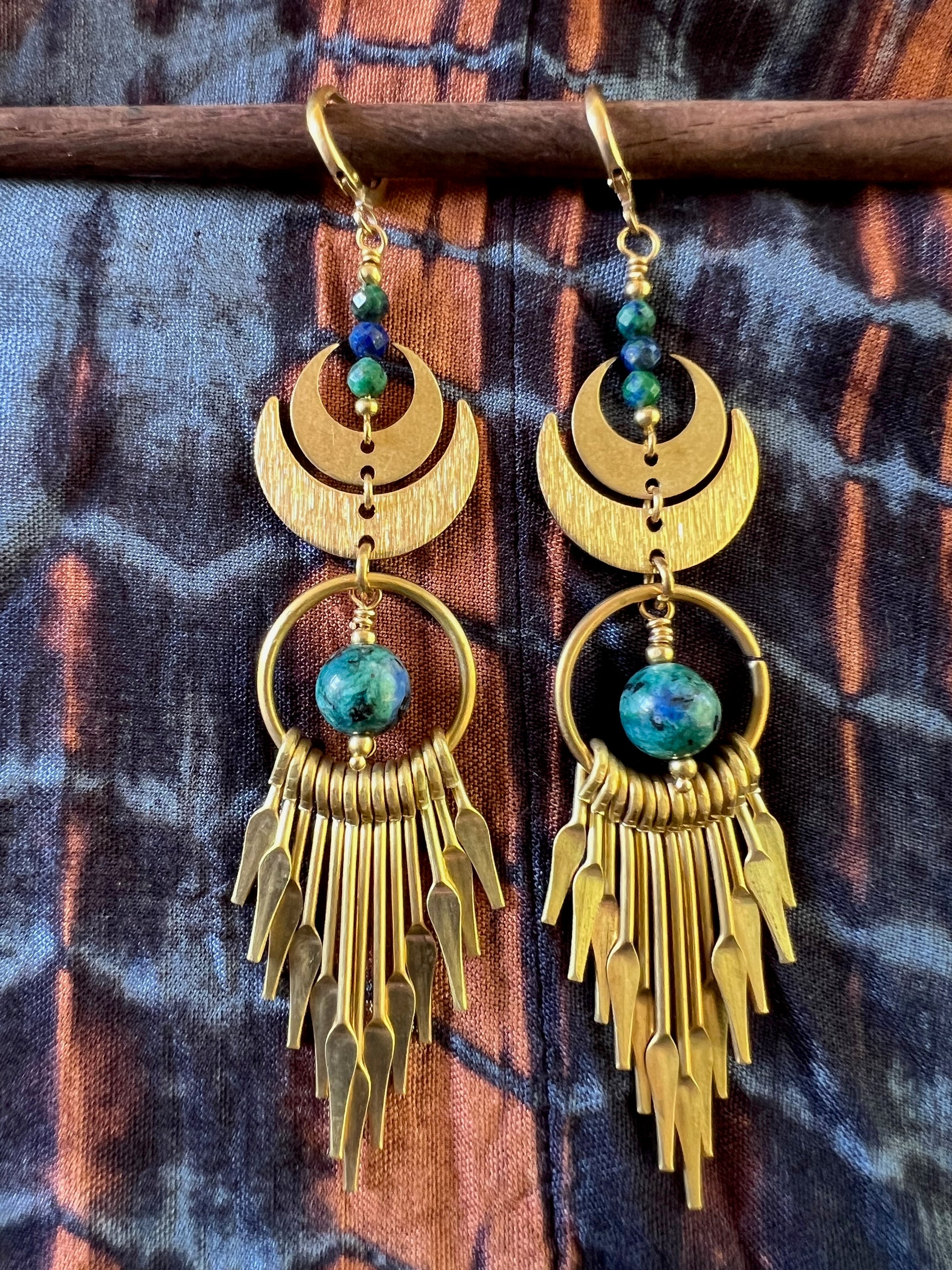 Ethnic Soul Collective brass moon tassel earrings with chrysocolla gemstone and faceted chrysocolla stones – 10cm long with secure brass clasp