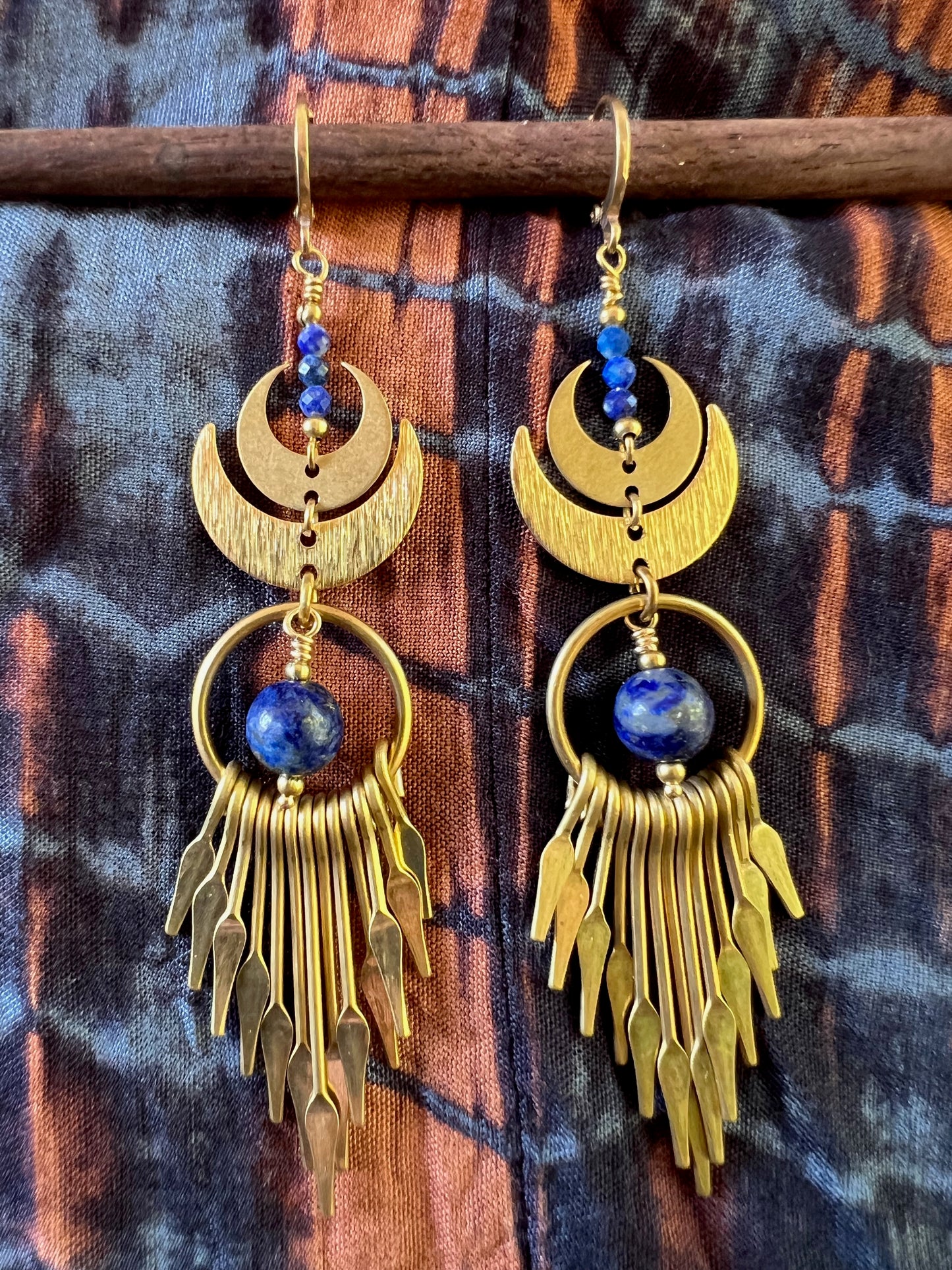 Ethnic Soul Collective brass moon tassel earrings with lapis gemstone and faceted lapis stones – 10cm long with secure brass clasp