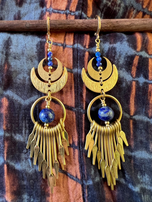 Ethnic Soul Collective brass moon tassel earrings with lapis gemstone and faceted lapis stones – 10cm long with secure brass clasp