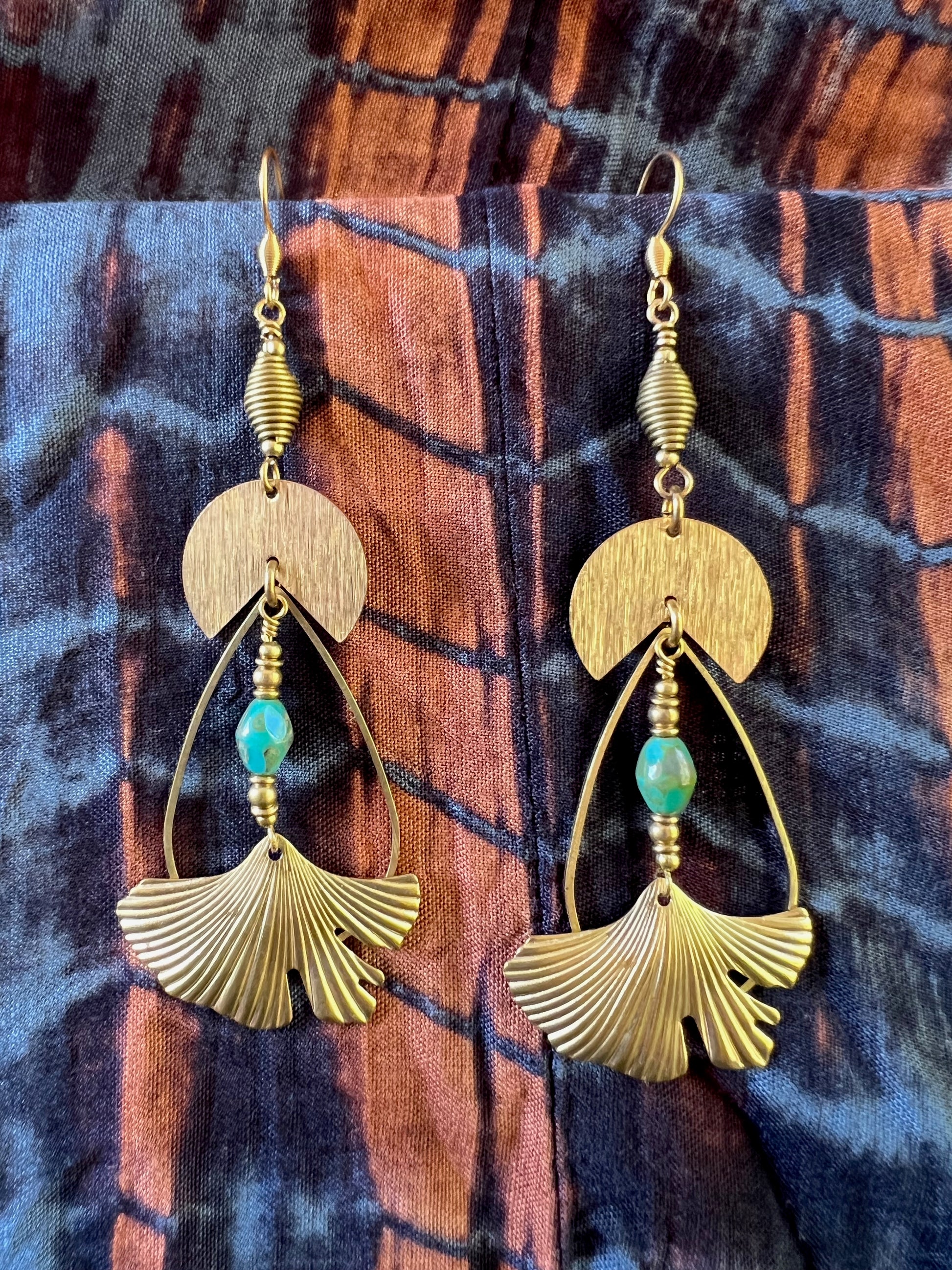 Ethnic Soul Collective brass teardrop hoop earrings with turquoise Czech bead and gingko leaf – 9.5cm long