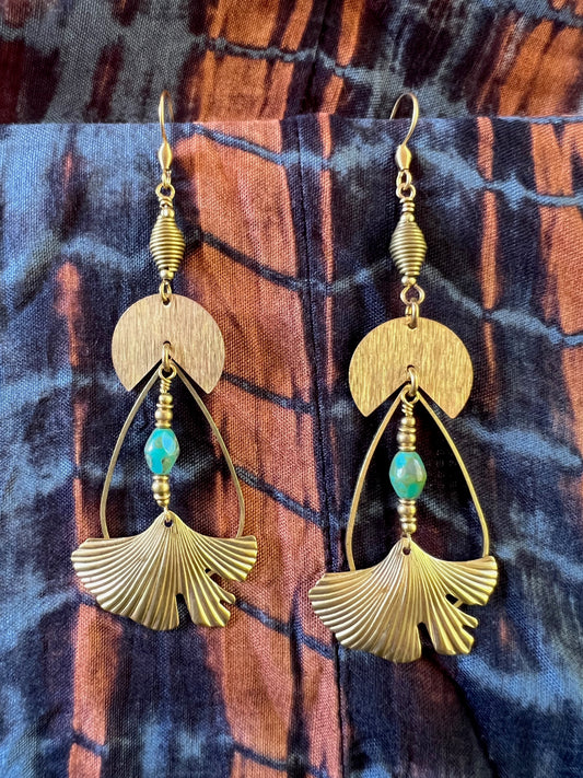 Ethnic Soul Collective brass teardrop hoop earrings with turquoise Czech bead and gingko leaf – 9.5cm long