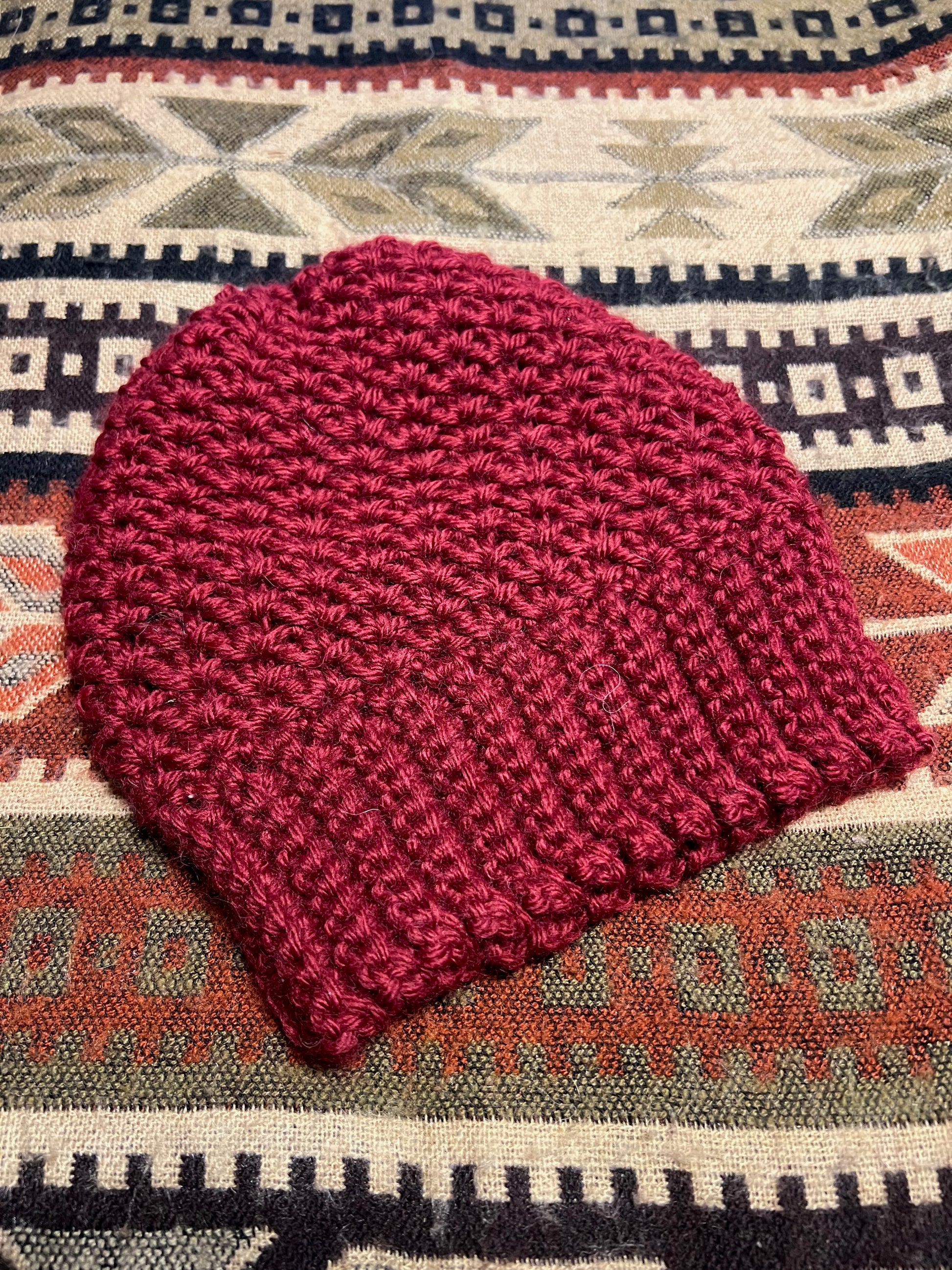 Ethnic Soul Collective cherry bomb red fitted beanie hand crocheted 100 percent natural fibre 40cm circumference 22cm height