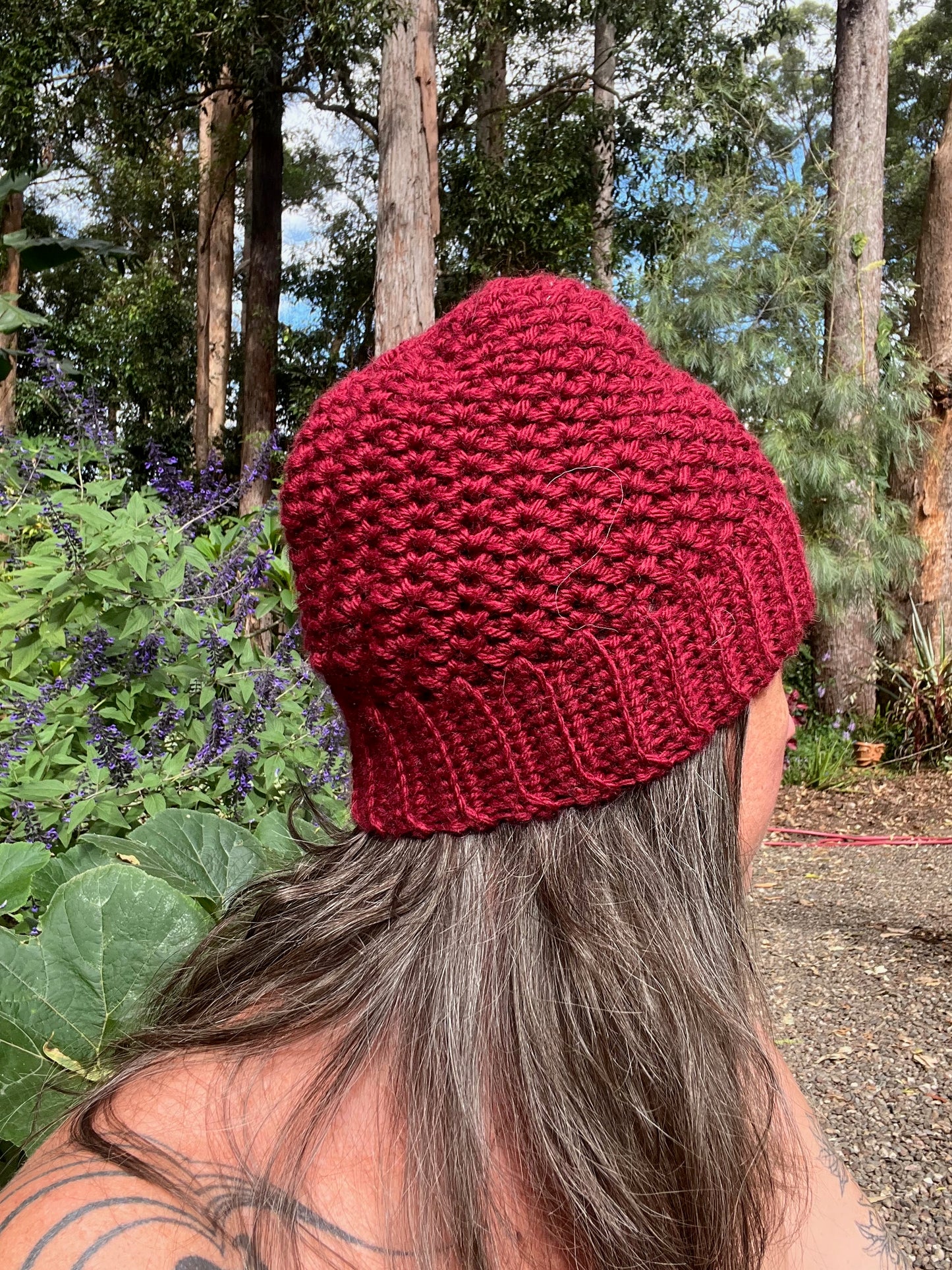 Ethnic Soul Collective cherry bomb red fitted beanie hand crocheted 100 percent natural fibre 40cm circumference 22cm height