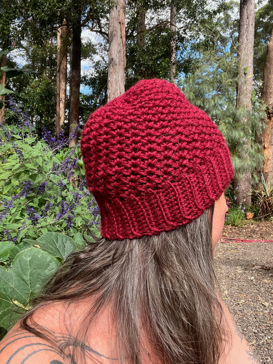 Ethnic Soul Collective cherry bomb red fitted beanie hand crocheted 100 percent natural fibre 40cm circumference 22cm height