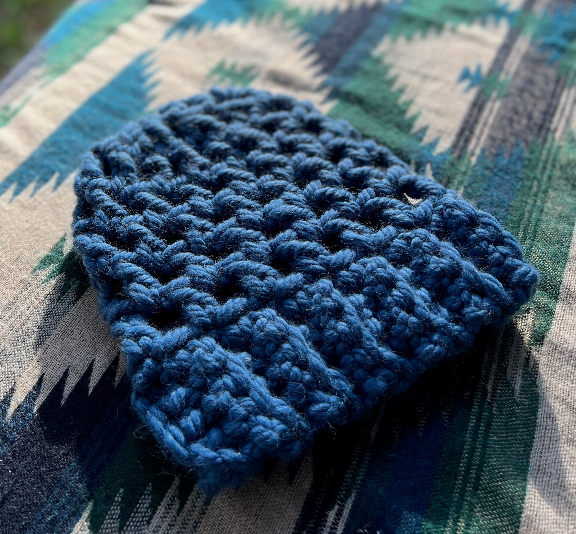 Ethnic Soul Collective chunky blue slouchy beanie hand crocheted loose weave 80 percent natural fibre 56cm circumference 31cm length