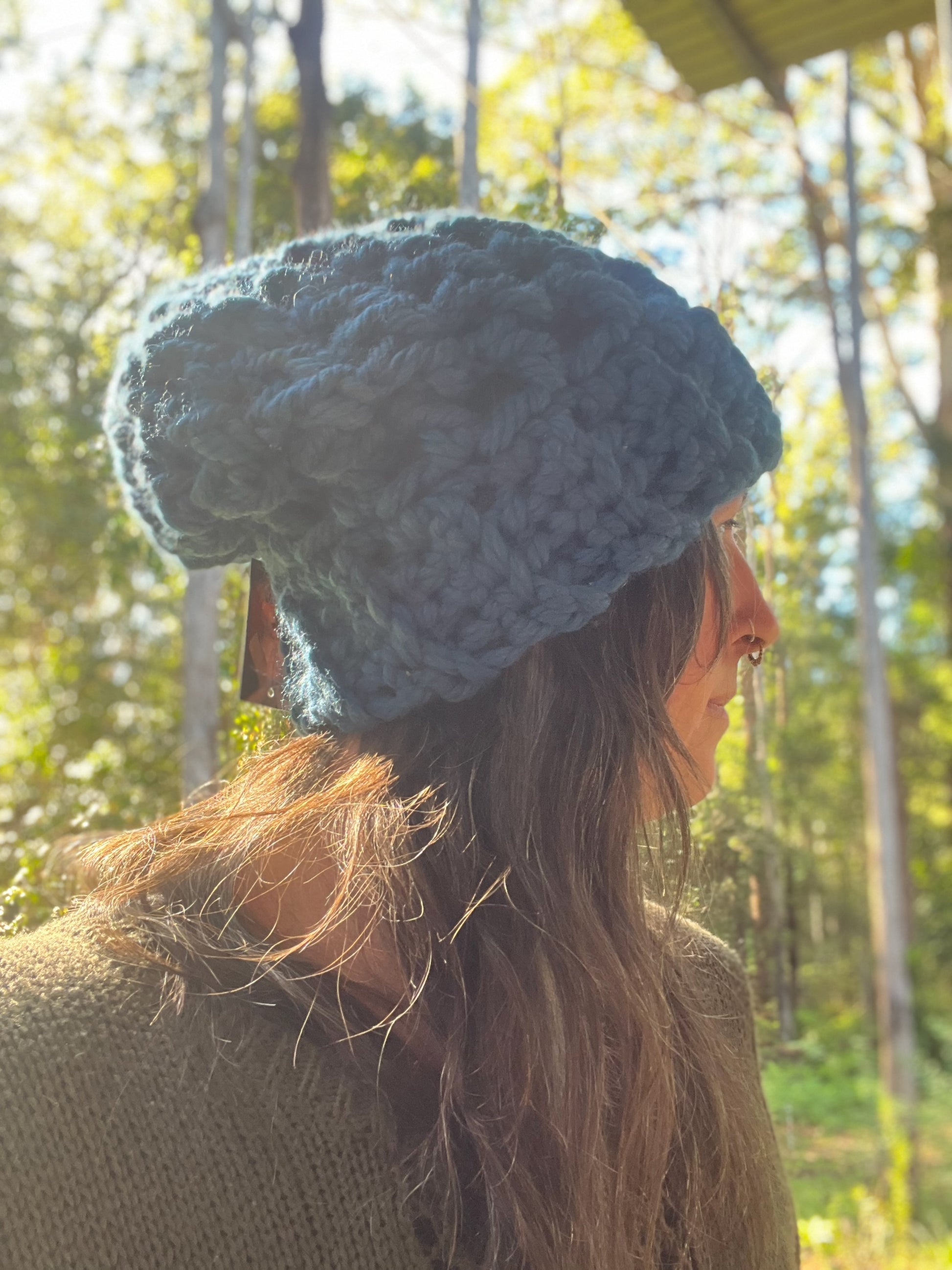 Ethnic Soul Collective chunky blue slouchy beanie hand crocheted loose weave 80 percent natural fibre 56cm circumference 31cm length