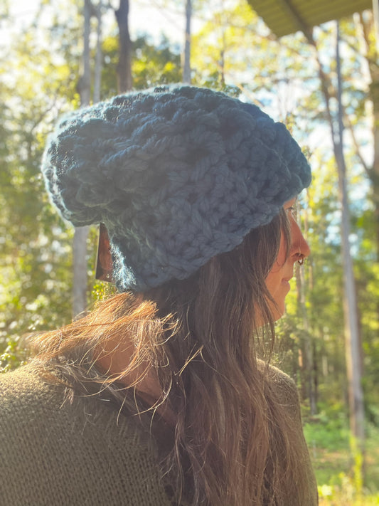 Ethnic Soul Collective chunky blue slouchy beanie hand crocheted loose weave 80 percent natural fibre 56cm circumference 31cm length