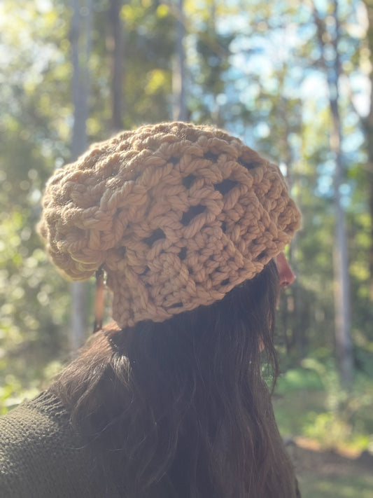 Ethnic Soul Collective chunky butter slouchy beanie hand crocheted loose weave 80 percent natural fibre 54cm circumference 32cm length