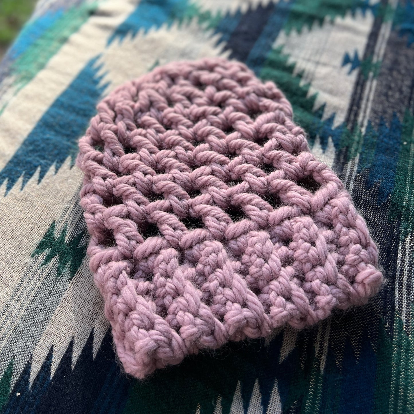 Ethnic Soul Collective chunky dirty pink slouchy beanie hand crocheted loose weave 80 percent natural fibre 46cm circumference 32cm length