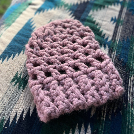 Ethnic Soul Collective chunky dirty pink slouchy beanie hand crocheted loose weave 80 percent natural fibre 46cm circumference 32cm length