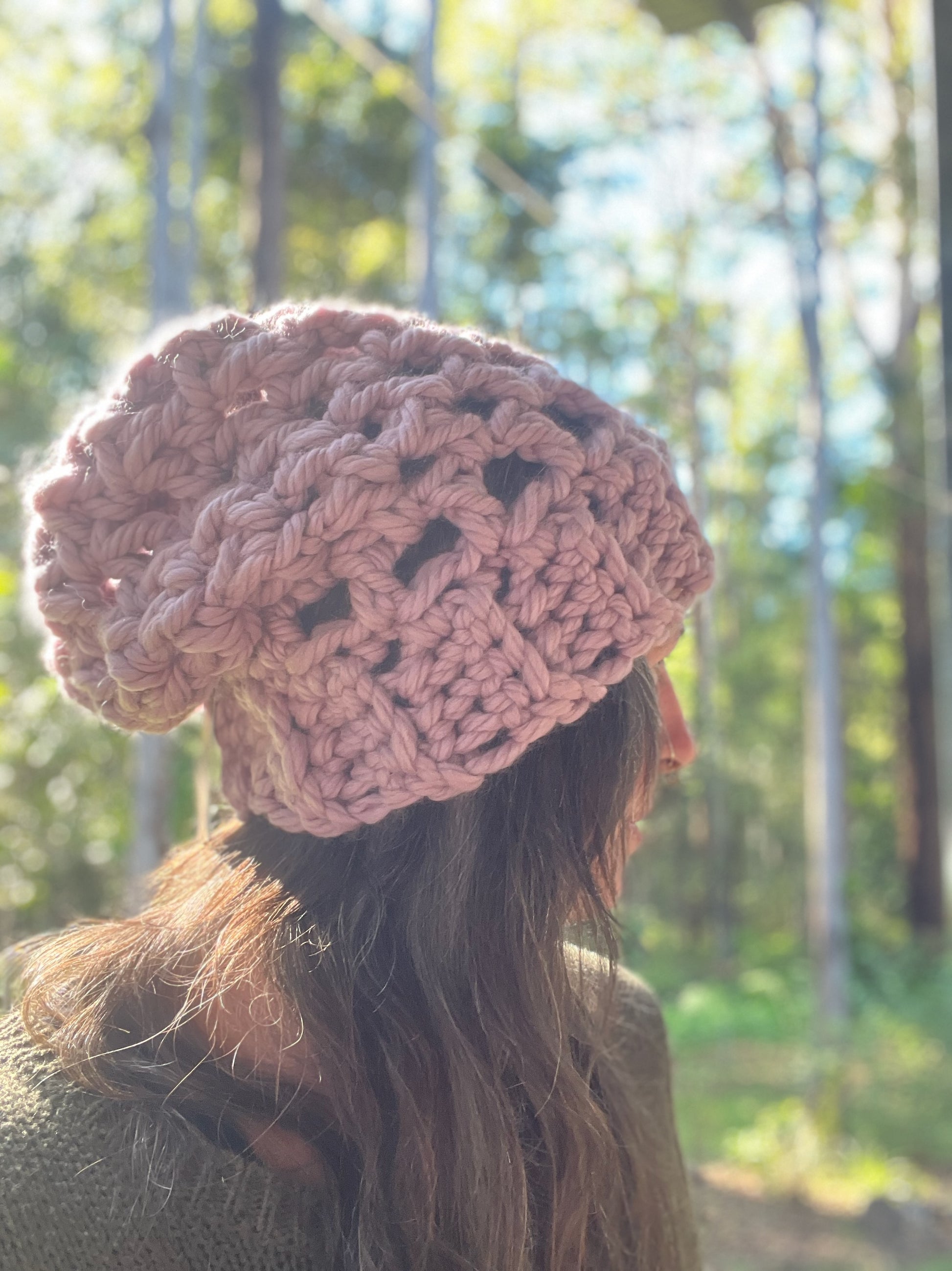 Ethnic Soul Collective chunky dirty pink slouchy beanie hand crocheted loose weave 80 percent natural fibre 46cm circumference 32cm length