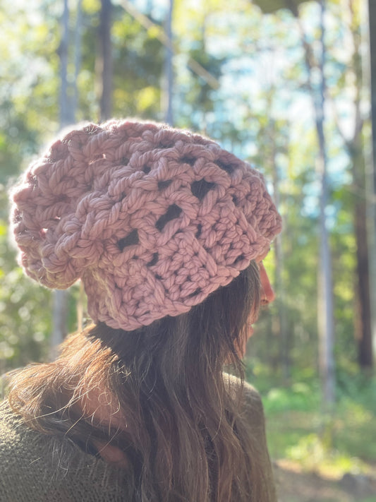 Ethnic Soul Collective chunky dirty pink slouchy beanie hand crocheted loose weave 80 percent natural fibre 46cm circumference 32cm length