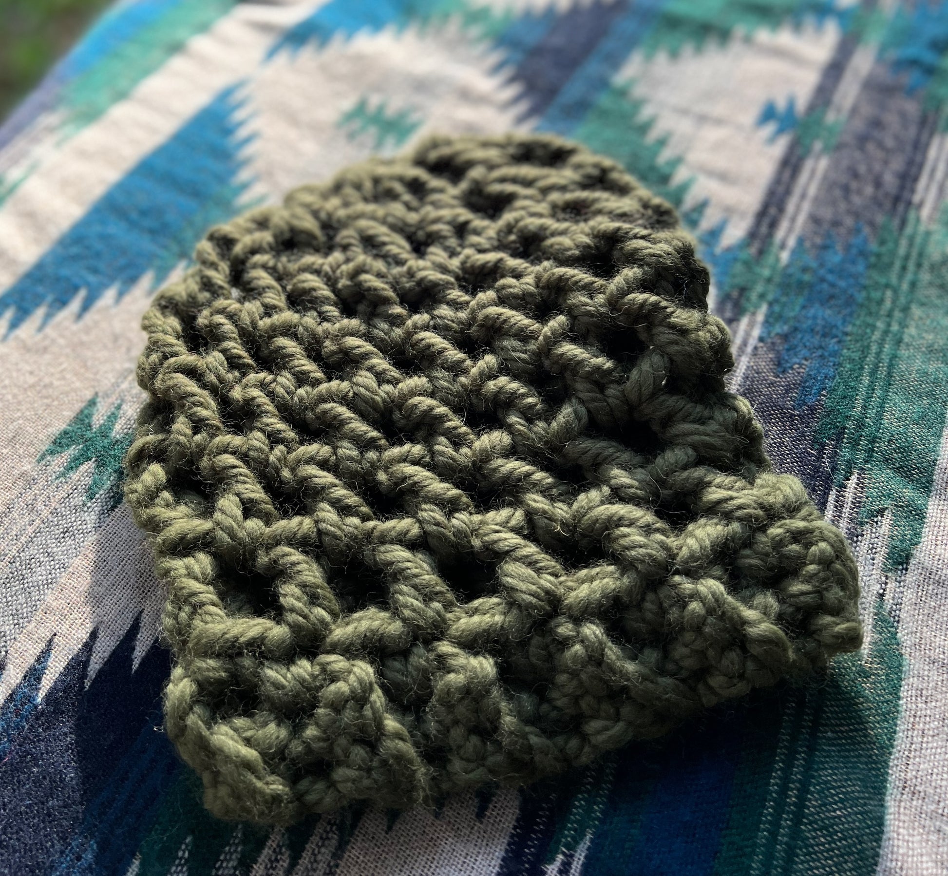 Ethnic Soul Collective chunky khaki slouchy beanie hand crocheted loose weave 80 percent natural fibre 44cm circumference 30cm length