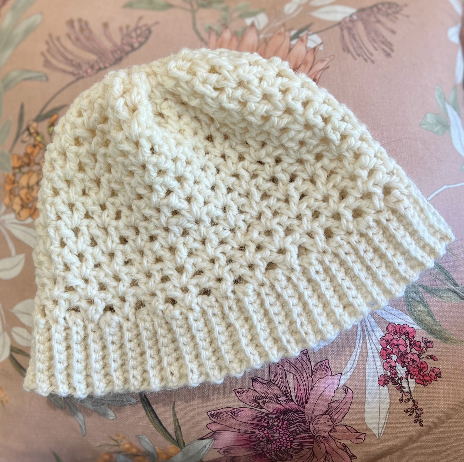 Ethnic Soul Collective cream short beanie hand crocheted loose open weave 68cm circumference 24cm 