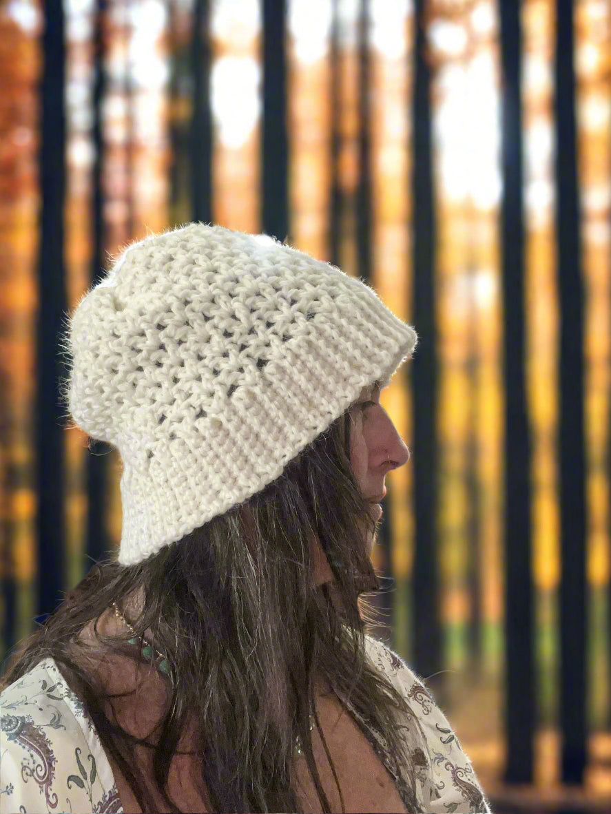 Ethnic Soul Collective cream short beanie hand crocheted loose open weave 68cm circumference 24cm height 