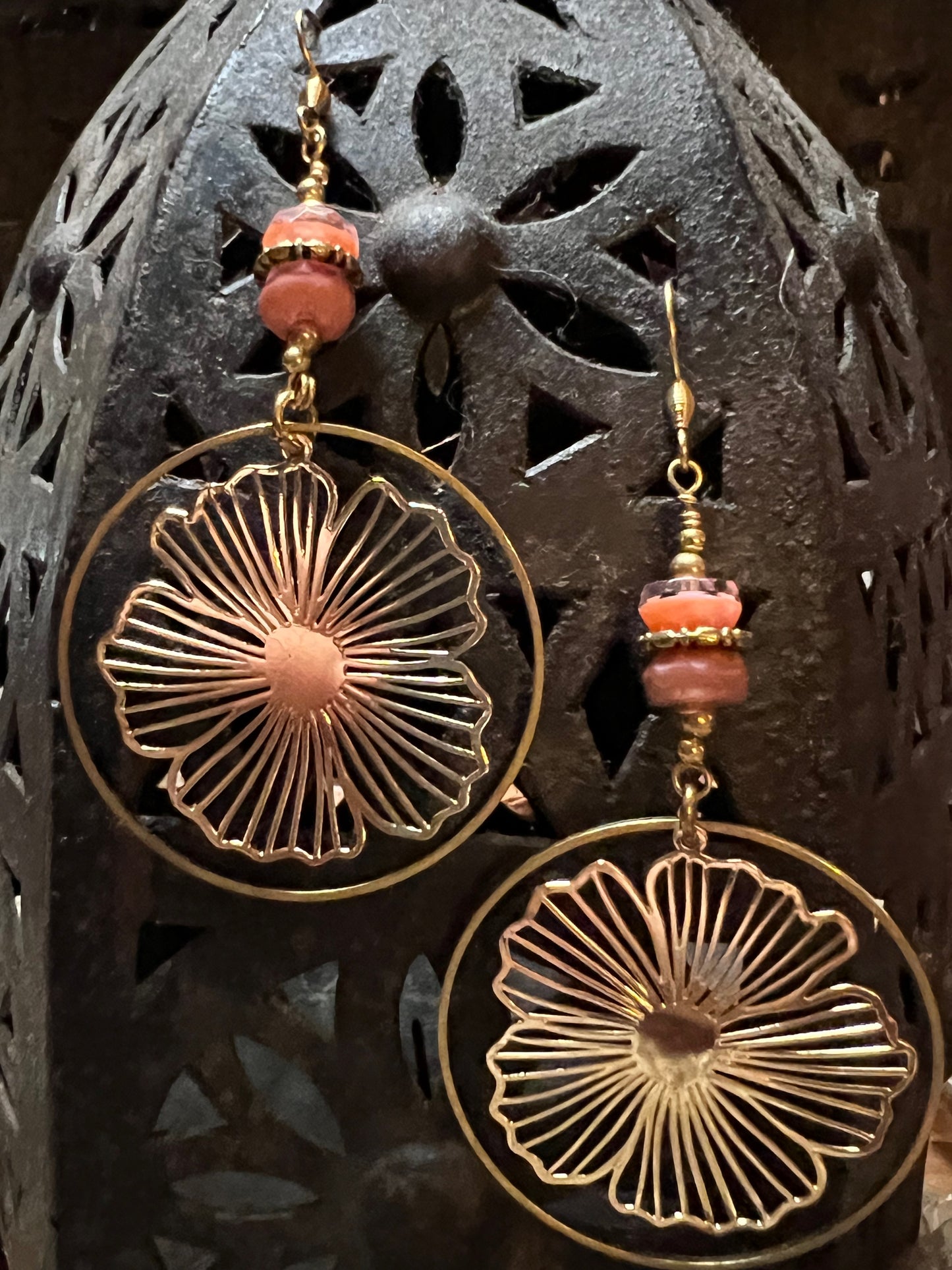 Ethnic Soul Collective delicate brass flower earrings with faceted Czech glass beads 9cm long including hook handcrafted design with subtle sparkle