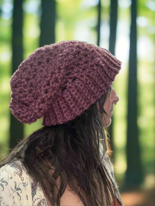 Ethnic Soul Collective extra large chunky slouchy beanie hand crocheted recycled fibre rose taupe 66cm circumference 35cm height