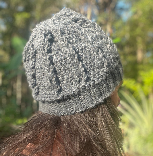 Ethnic Soul Collective grey fitted beanie hand crocheted with plaited detail and foldable headband natural 