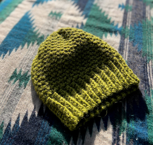 Ethnic Soul Collective hand crocheted fitted leafy green beanie 100 percent natural fibre 40cm circumference 21cm length