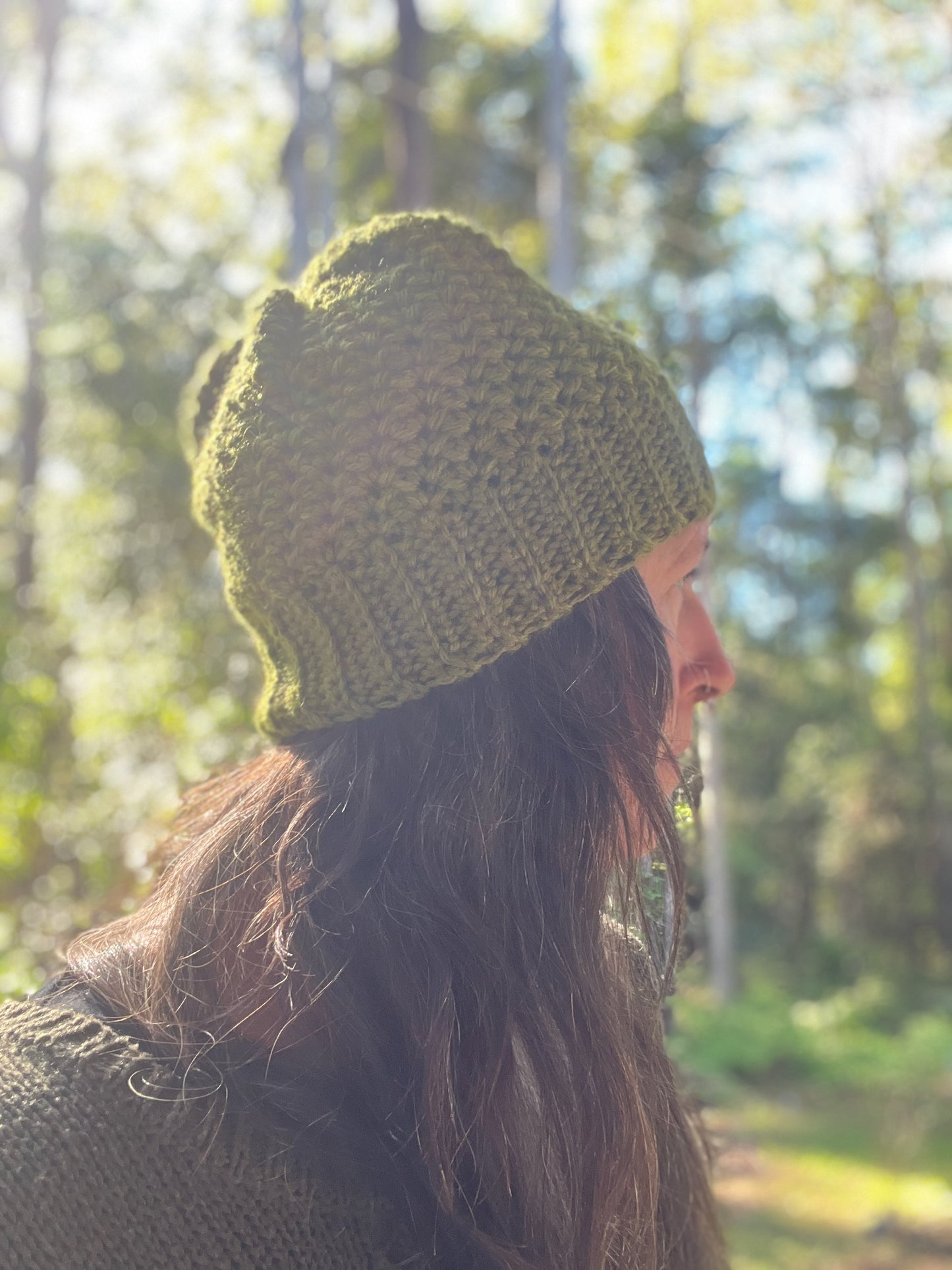Ethnic Soul Collective leaf green fitted beanie hand crocheted 100 percent natural fibre 40cm circumference 23cm height