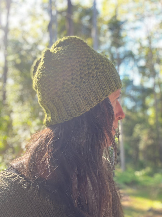 Ethnic Soul Collective leaf green fitted beanie hand crocheted 100 percent natural fibre 40cm circumference 23cm height