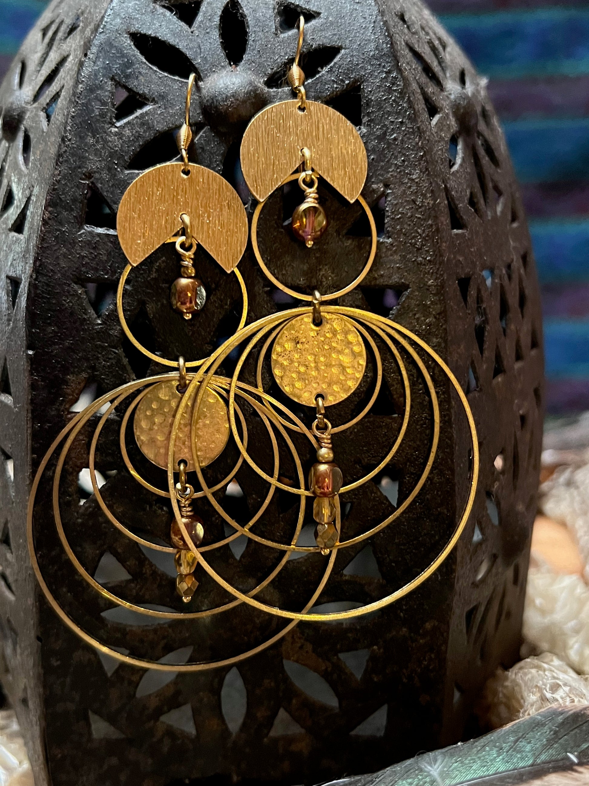 Ethnic Soul Collective handcrafted geometric brass hoop earrings with Czech glass beads, 10cm long.