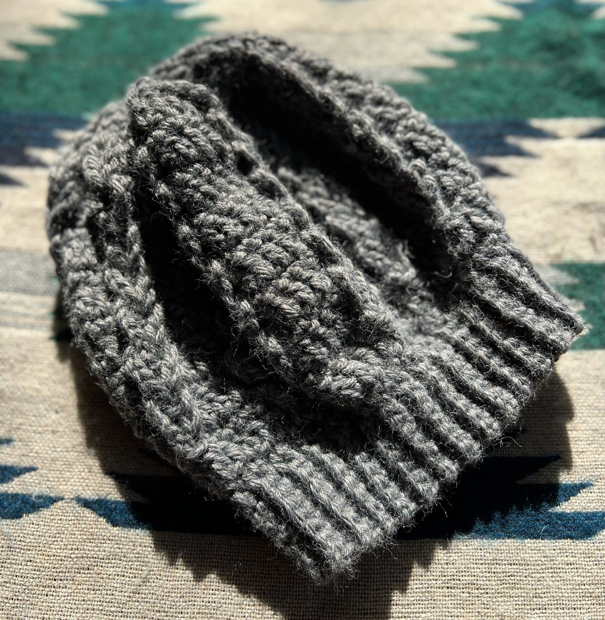 Ethnic Soul Collective grey fitted beanie hand crocheted with plaited detail and foldable headband natural 