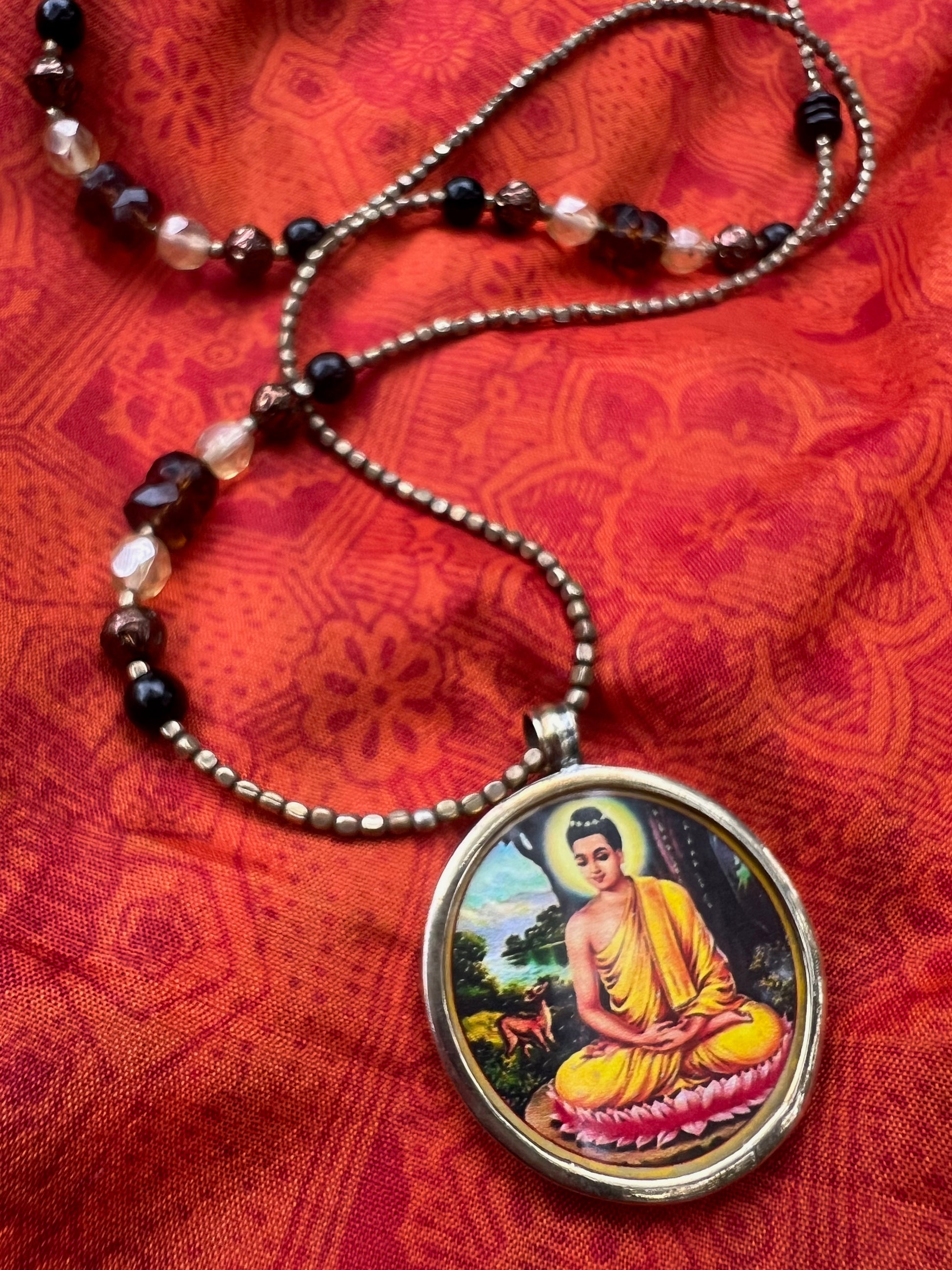 Ethnic Soul Collective hand painted Buddha necklace brass and glass frame hand beaded with Czech glass and brass beads 47cm length