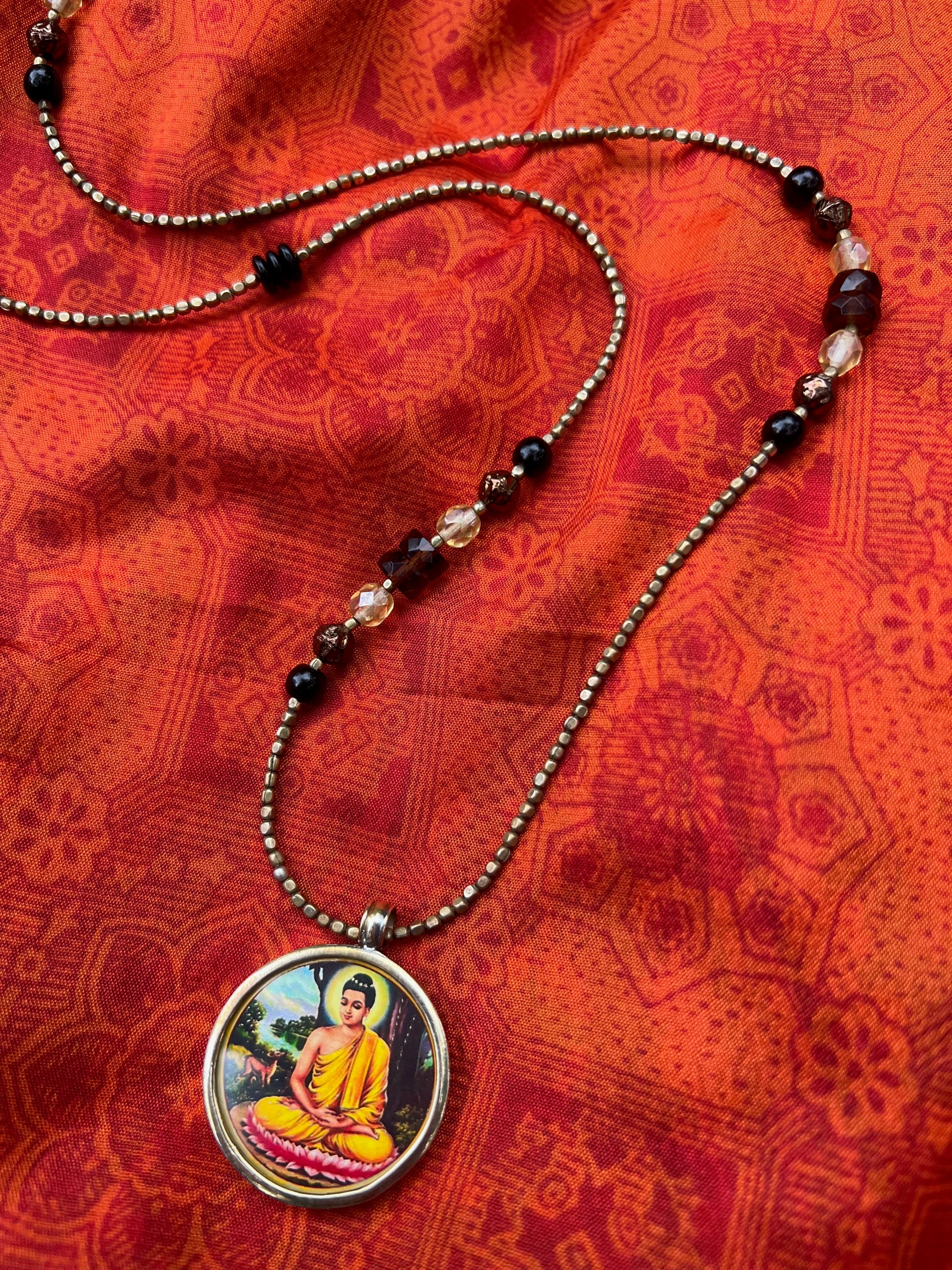 Ethnic Soul Collective hand painted Buddha necklace brass and glass frame hand beaded with Czech glass and brass beads 47cm length