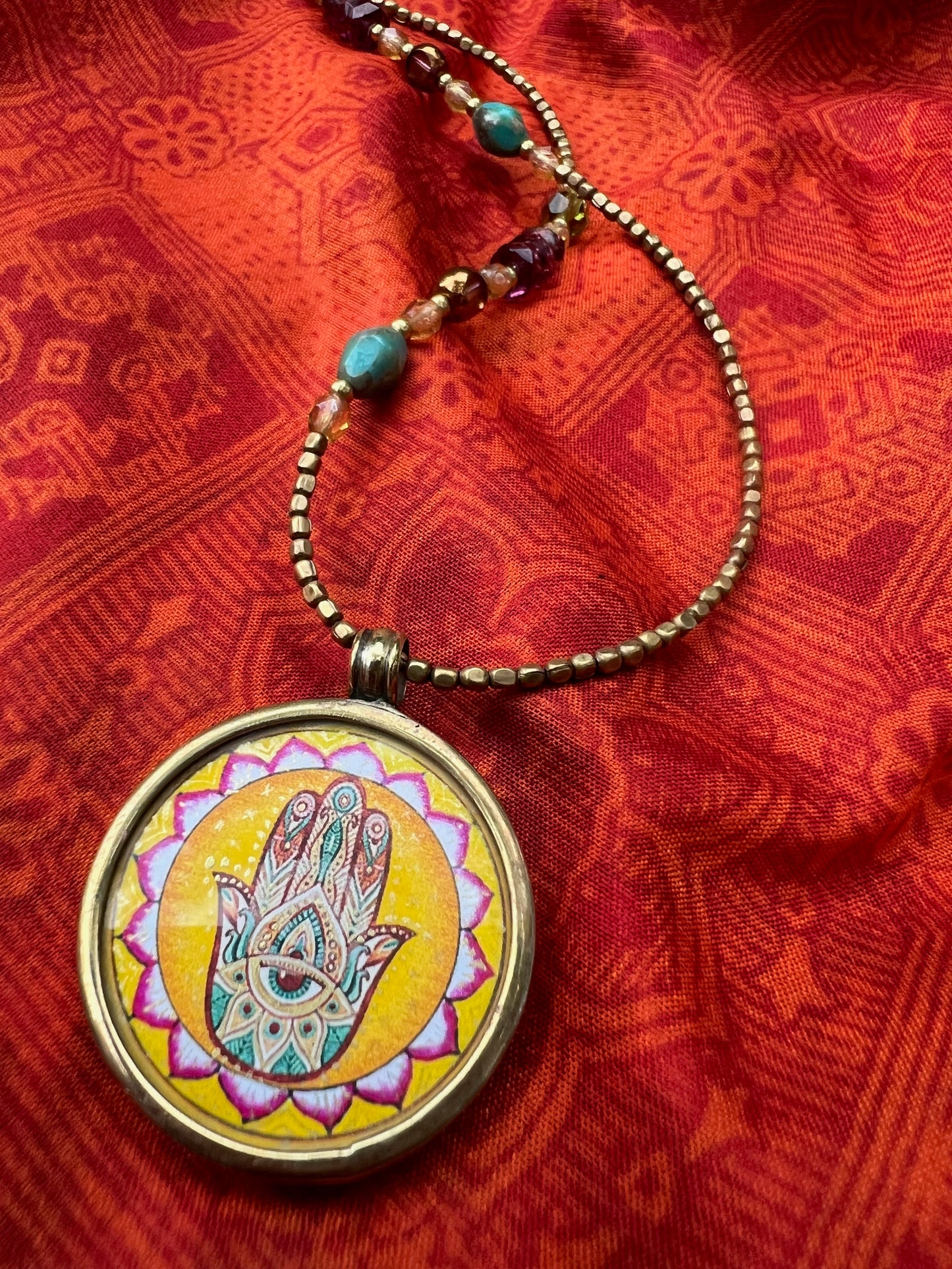 Ethnic Soul Collective hand painted Hamsa necklace brass and glass frame hand beaded with Czech glass and brass beads 40cm length