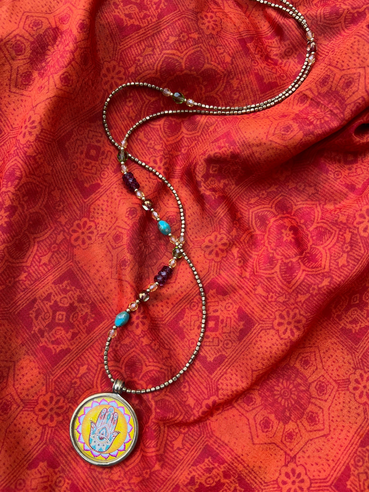 Ethnic Soul Collective hand painted Hamsa necklace brass and glass frame hand beaded with Czech glass and brass beads 40cm length